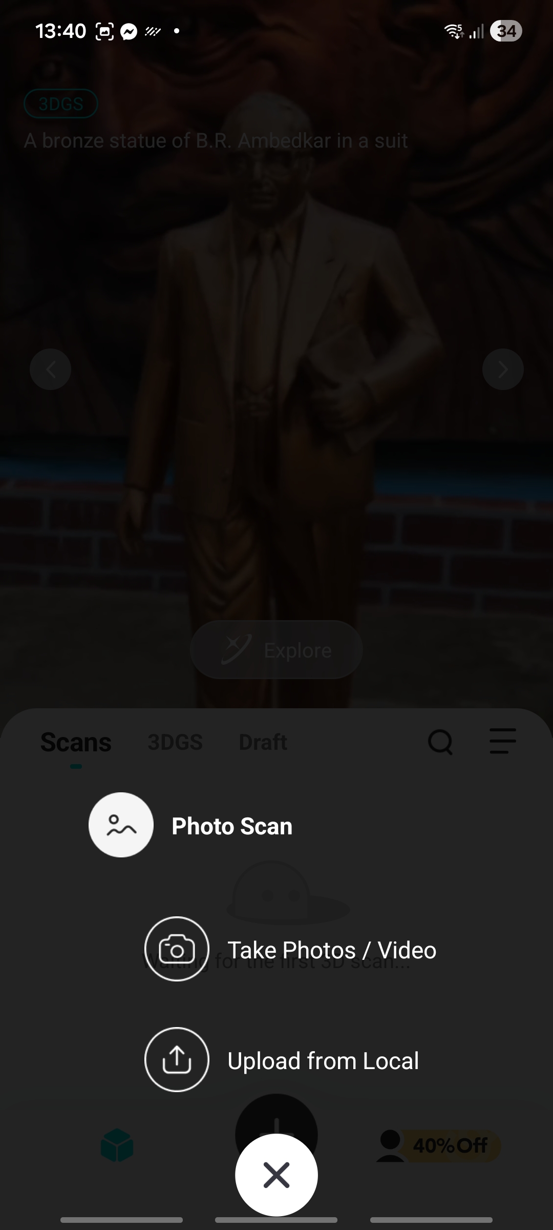 Kiri Engine home screen: Photo Scan, Take Photos / Video, Upload from Local