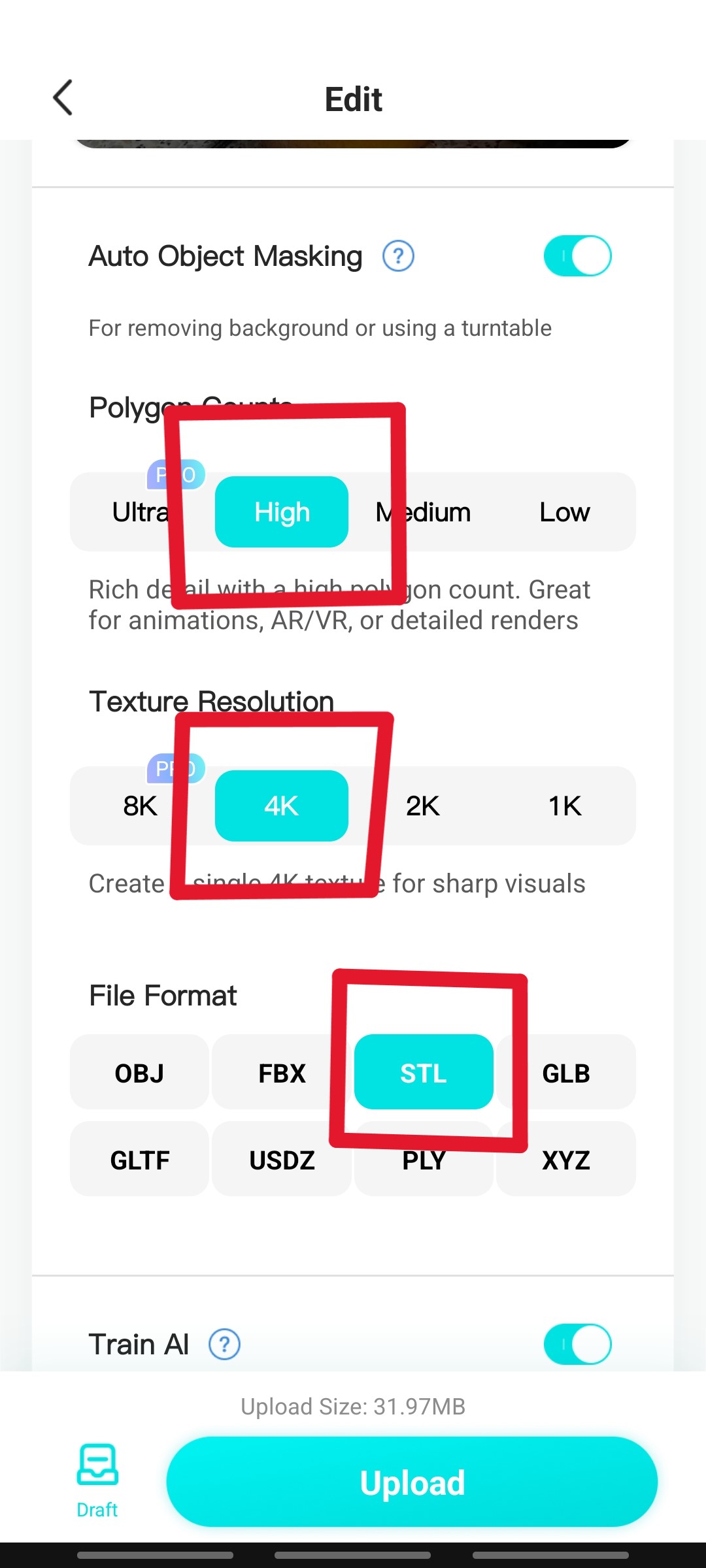 Edit screen: High polygon, 4K texture, STL format selected