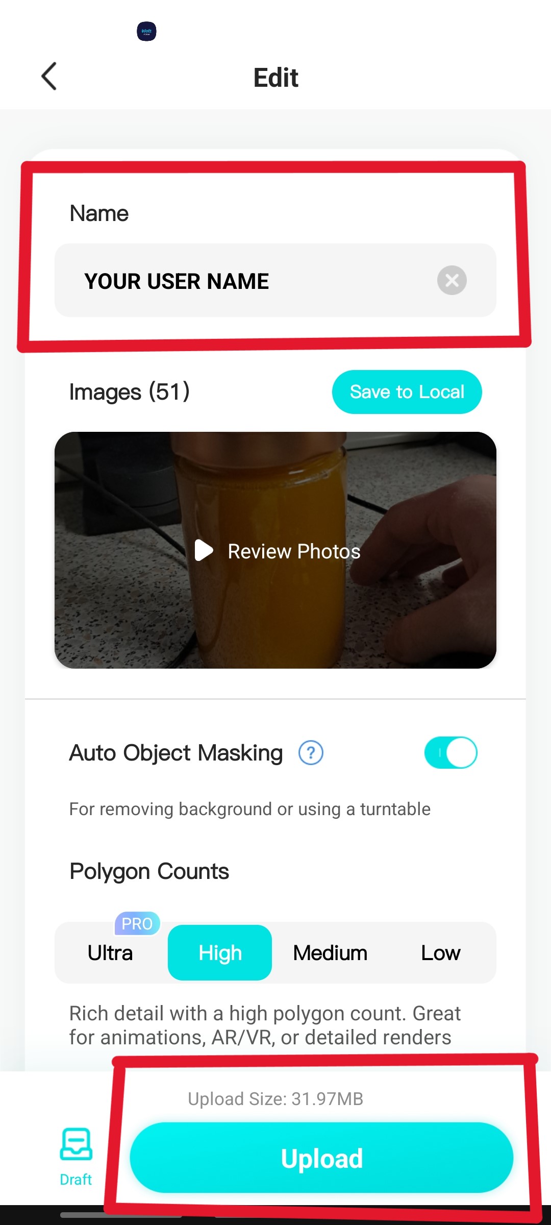 Edit screen: Name field and Upload button