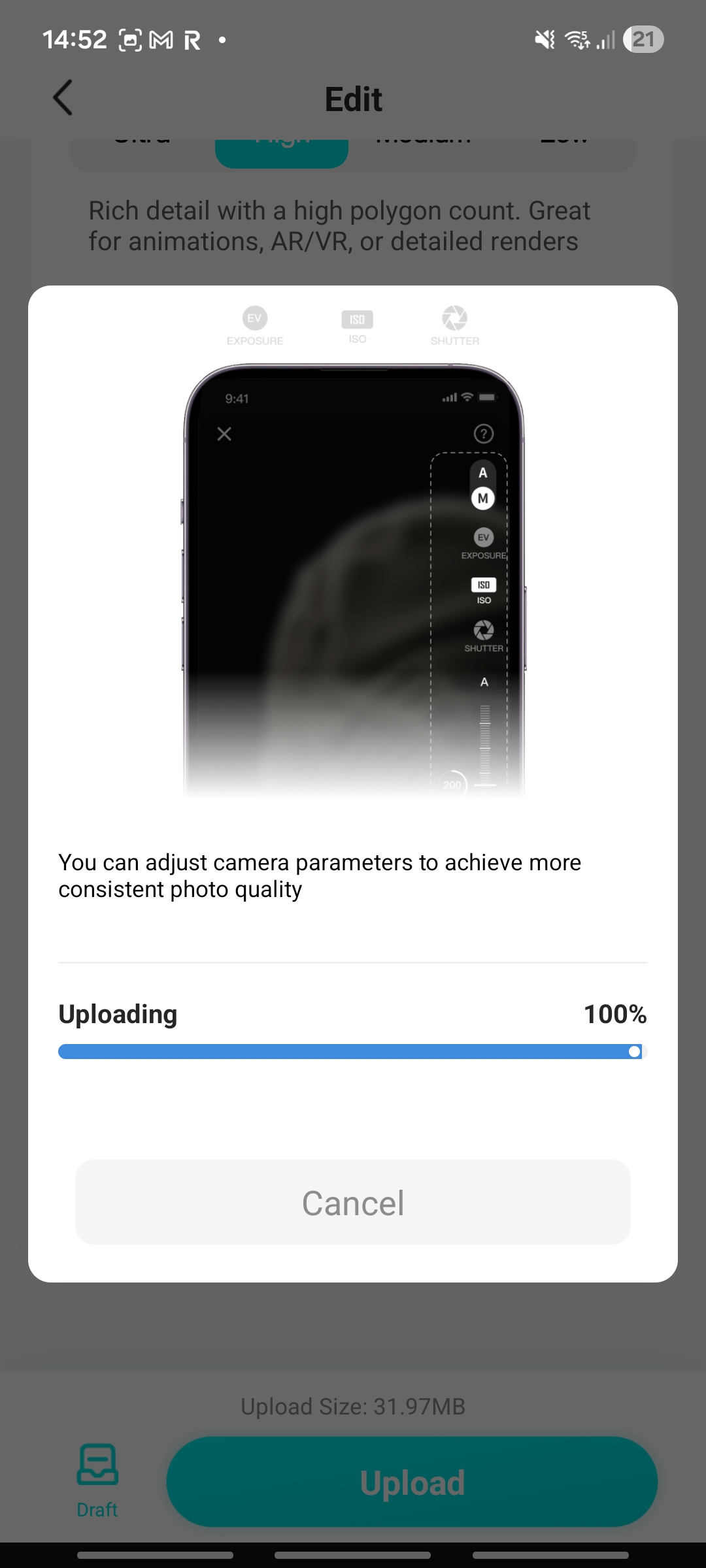 Uploading 100% progress screen