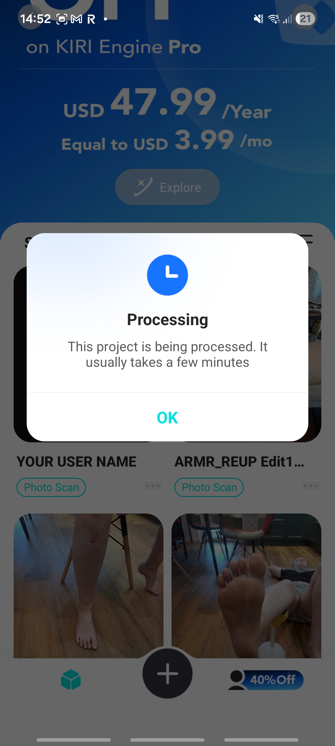 Processing notification with foot scan thumbnails