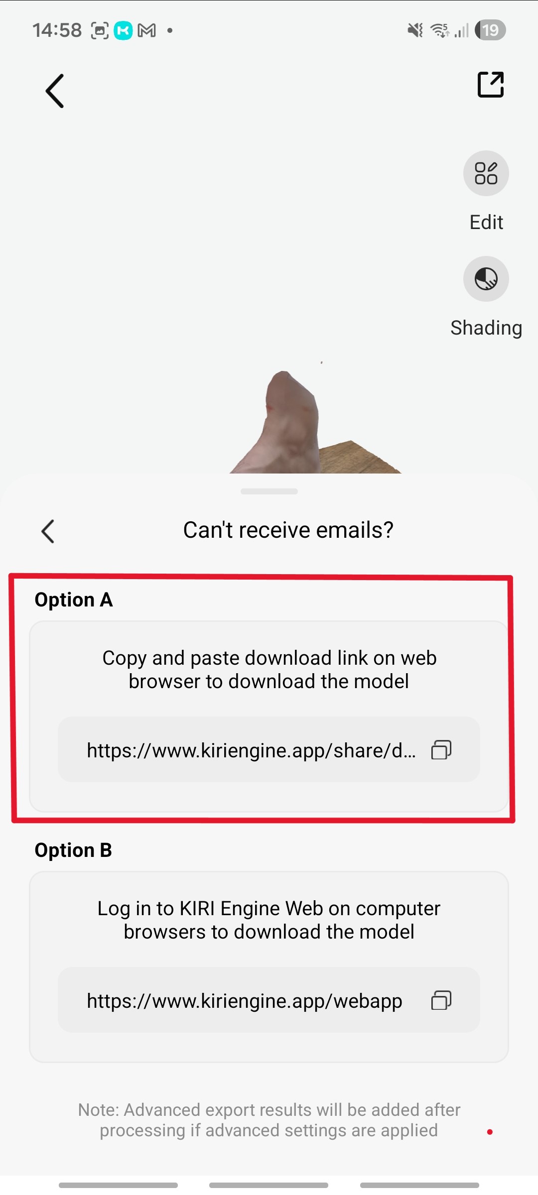 Option A: copy the kiriengine.app share download link — Option B: download via web app